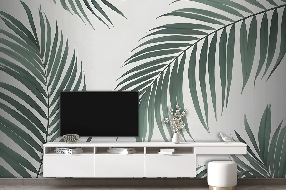 Açık Renkli Palmiye Yaprakları Çeşitli Tonlarda Yeşil Oturma Odası Salon Duvar Kağıdı