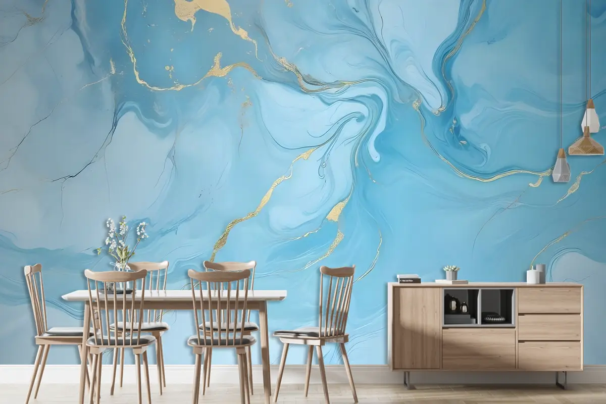 Altın Görünümlü Açık Mavi Mermer Splash Duvar Kağıdı