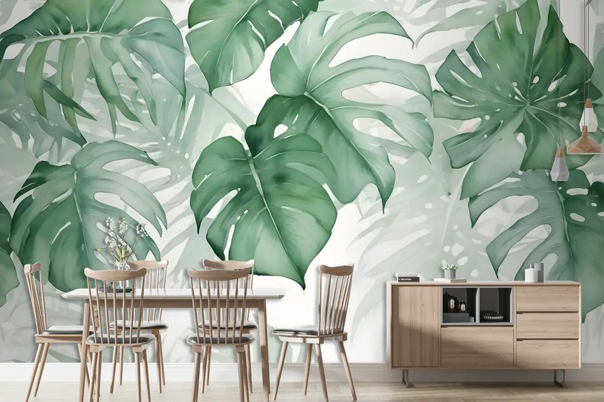 Açık Yeşil Tropikal Yapraklar Duvar Kağıdı