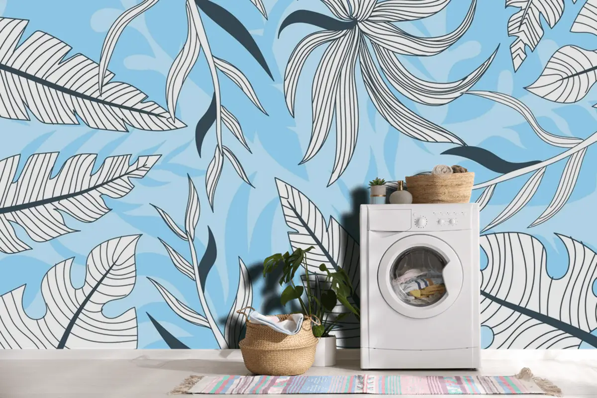 Pastel Renkli Çamaşır Duvar Kağıdı  Ile Doğrusal Tropikal Yapraklar