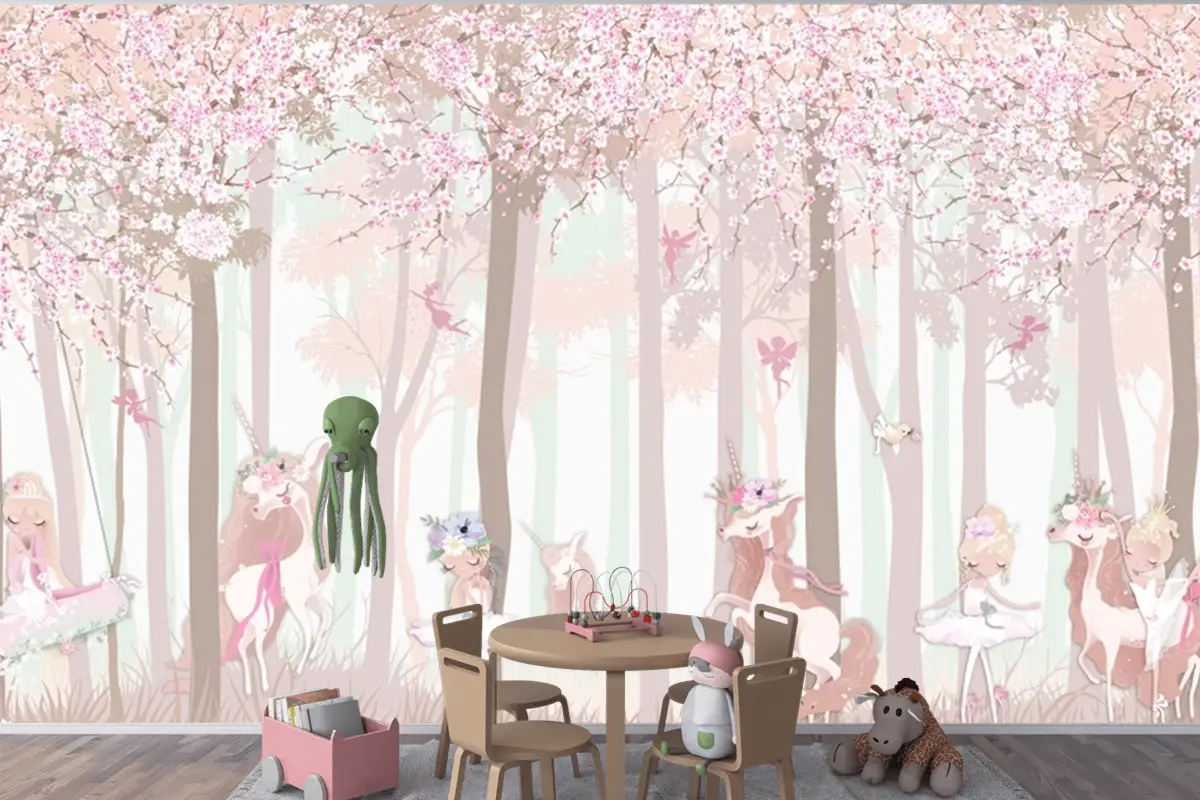 Masal Unicorn Pembe Orman Çocuk Odası Duvar Kağıdı