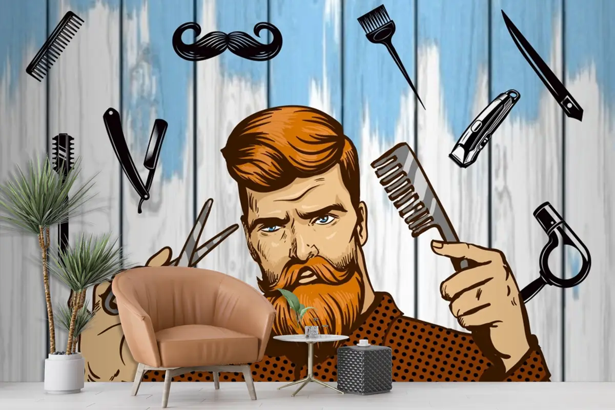 Mavi Boya Ahşap Arka Plan Erkek Berber Duvar Kağıdı