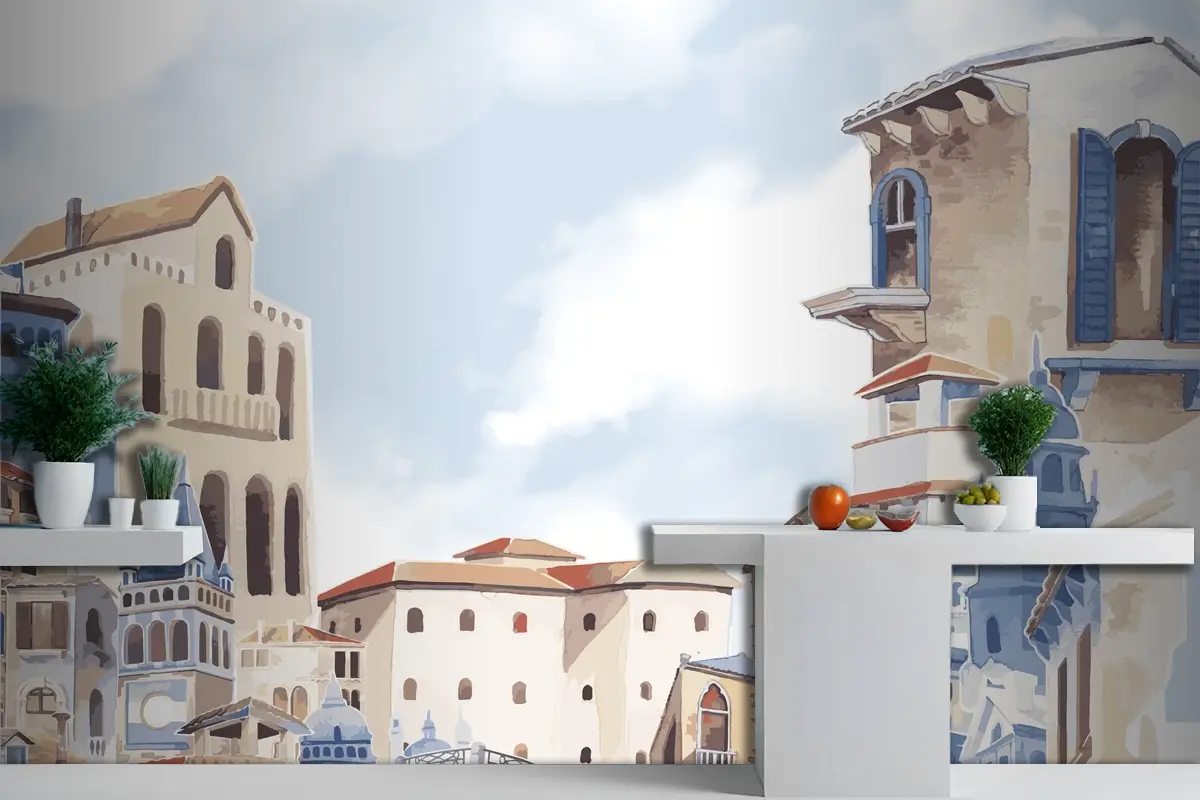 Akdeniz Şehir Binası Dış Su Renk Stili Mutfak Duvar Kağıdı