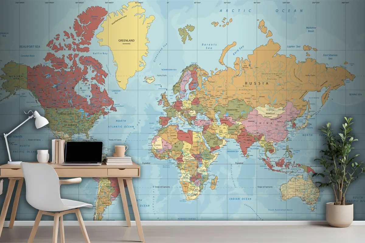 Mercator Projeksiyon Duvar Kağıdı Duvarında Detaylı Siyasi Dünya Haritası