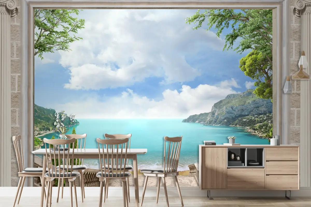 Mermer Sütunlu Deniz Manzaralı 3D Duvar Kağıdı