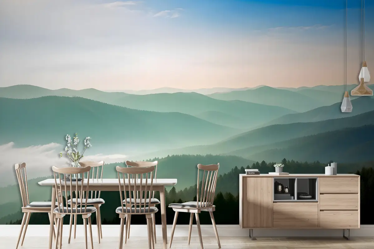 Misty Mountain Yeşil Orman Manzaralı Duvar Kağıdı 