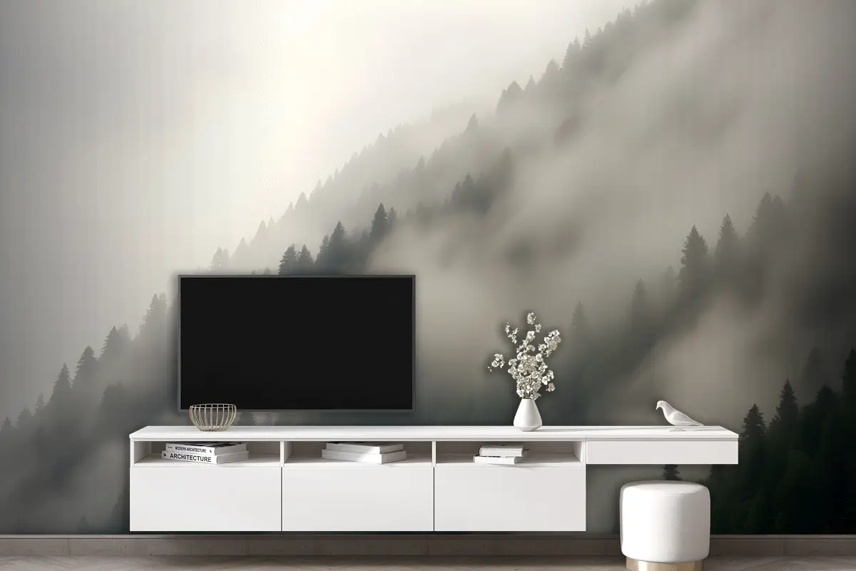 Ormanlı Yamaçları Kaplayan Yoğun Sisli Puslu Dağ Manzarası Oturma Odası Salon Duvar Kağıdı