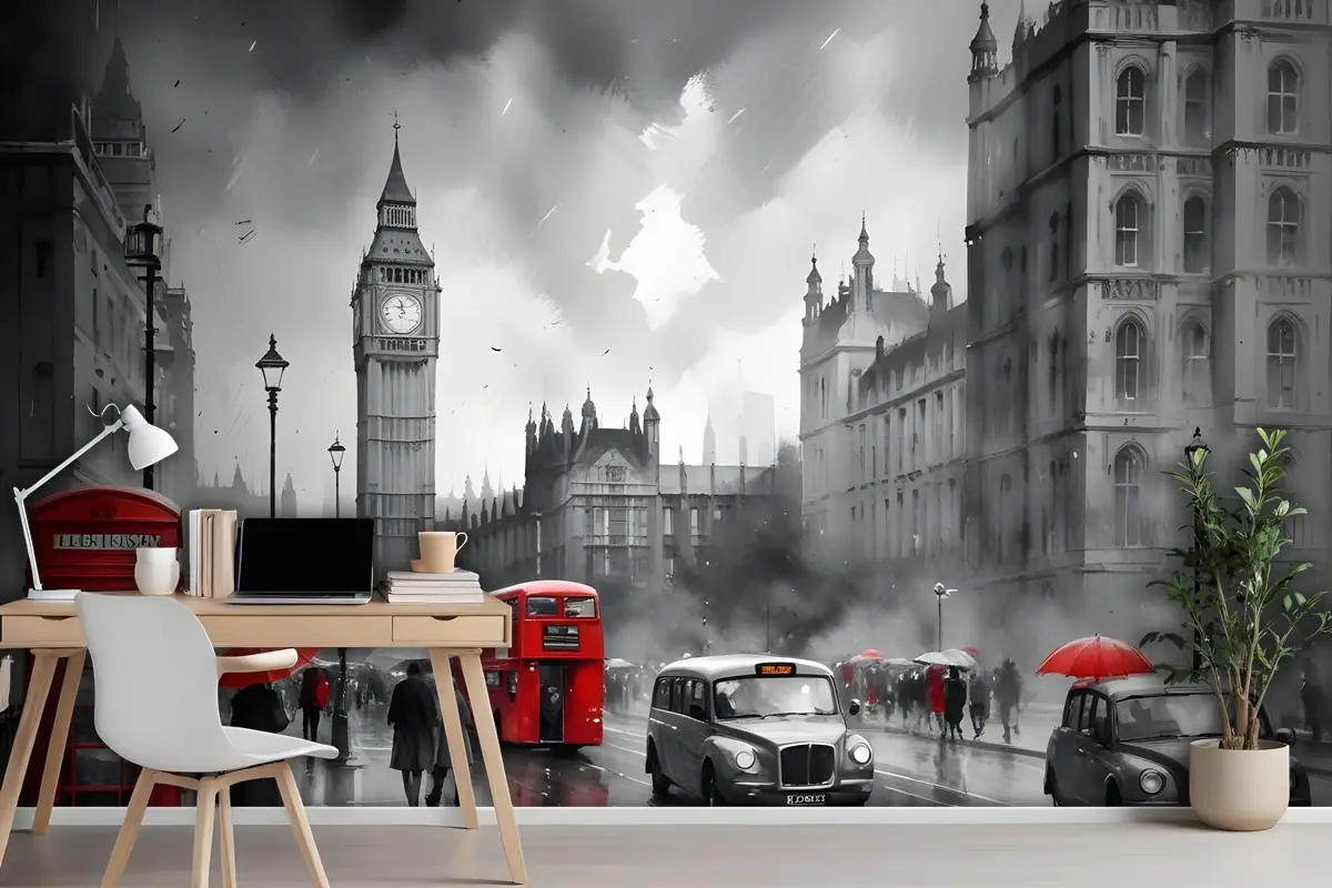 Tek Renkli Kömür Şehir Manzarası Ve Kırmızı Otobüs Duvar Kağıdı