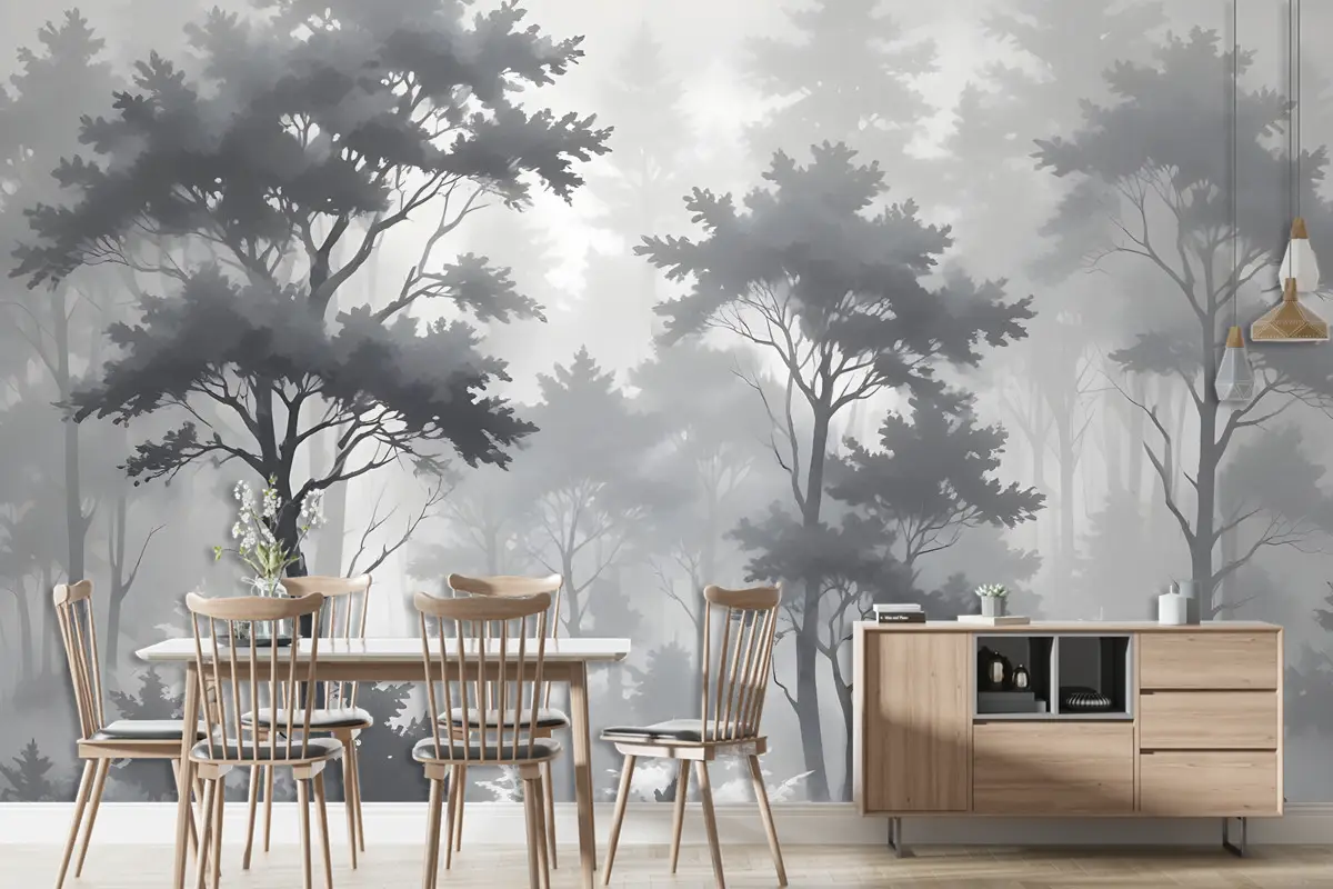 Tek Renkli Orman Siluet Manzara Duvar Kağıdı 