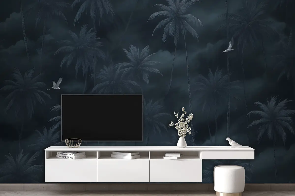 Moody Fırtınalı Gökyüzü Karanlık Tropikal Palmiye Ağaçları Siluetleri Kuşlar Oturma Odası Salon Duvar Kağıdı