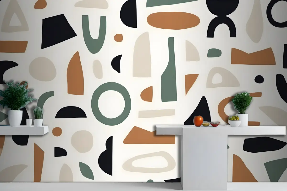 Lacivert Ve Kahverengi Soyut Şekiller Mutfak Duvar Kağıdı