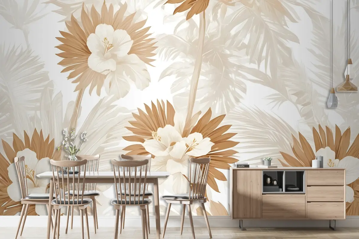 Palmiye Yaprağı Duvar Kağıdı  Ile Nötr Boho Bitkiler