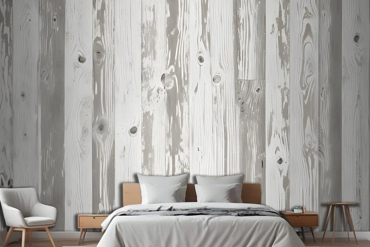 Nötr Baskılı Ahşap Panel Efektli Yatak Odası Duvar Kağıdı