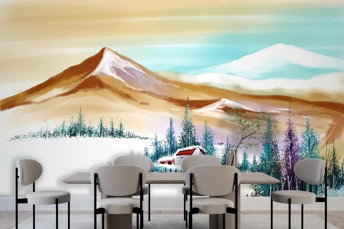 Yeni Yıl Ve Noel Ağacı Dağlarda Kış Manzarası Yemek Odası Duvar Kağıdı