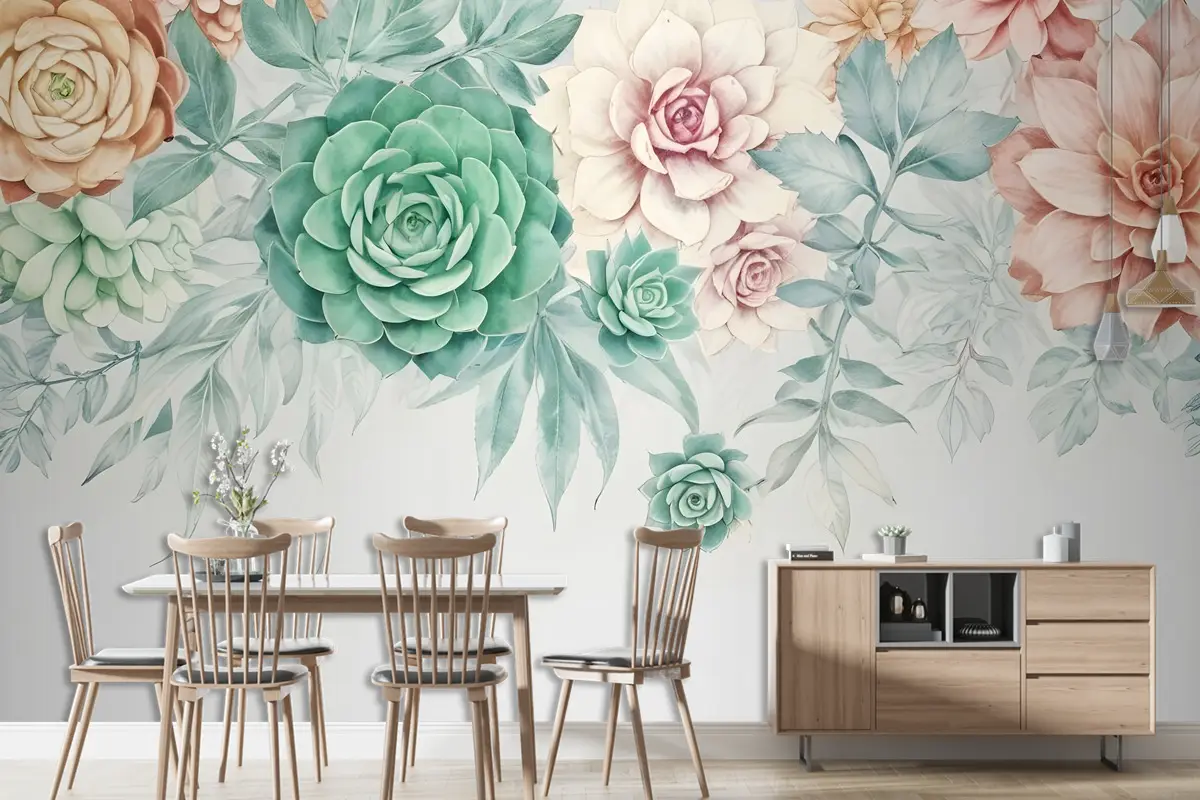 Nostaljik Yumuşak Yeşil Asma Çiçek Sanatı Duvar Kağıdı 