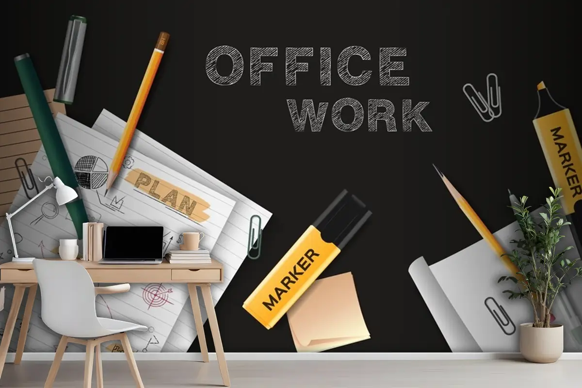 Ofis Çalışması Siyah Tebeşir Tahtası Üzerinde Notlar Dağılmış Kağıt Sayfaları Gerçekçi Ofis Duvar Kağıdı