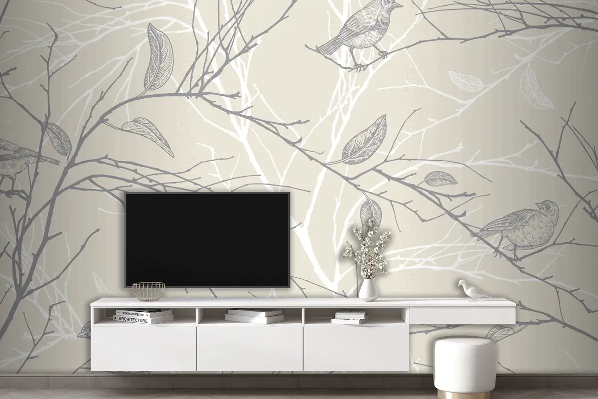 Orman Kuşları Ve Ağaç Dallarıyla Kusursuz Desen Tv Arkası Duvar Kağıdı