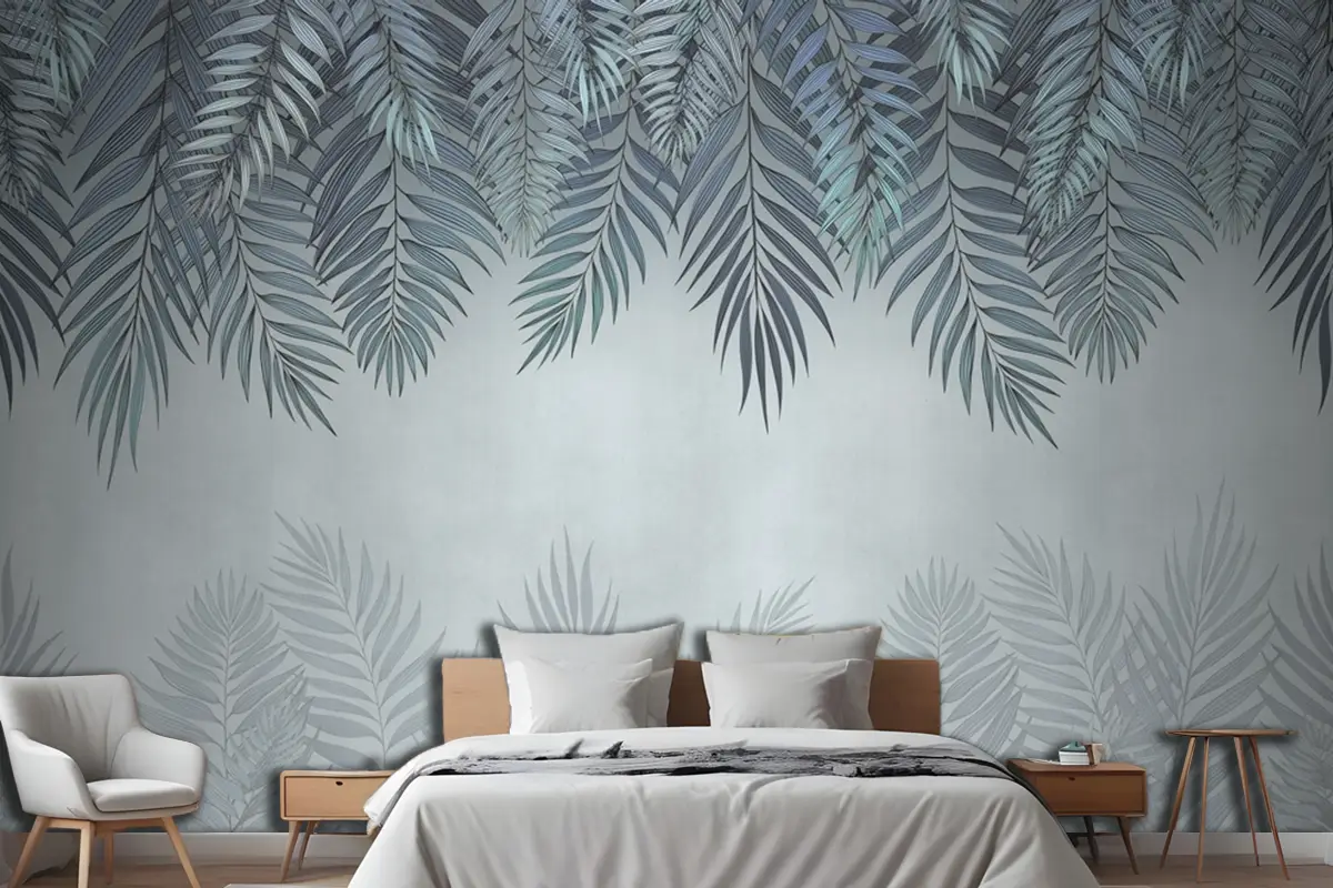 Palmiye Yaprakları Soluk Mavi Çiçekler Yatak Odası Duvar Kağıdı
