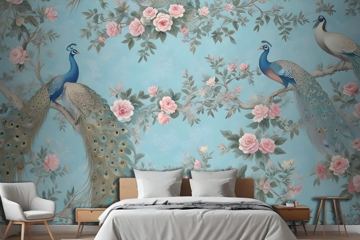 Şakayık Çiçeği Ile Tavus Kuşu Yatak Odası Duvar Kağıdı