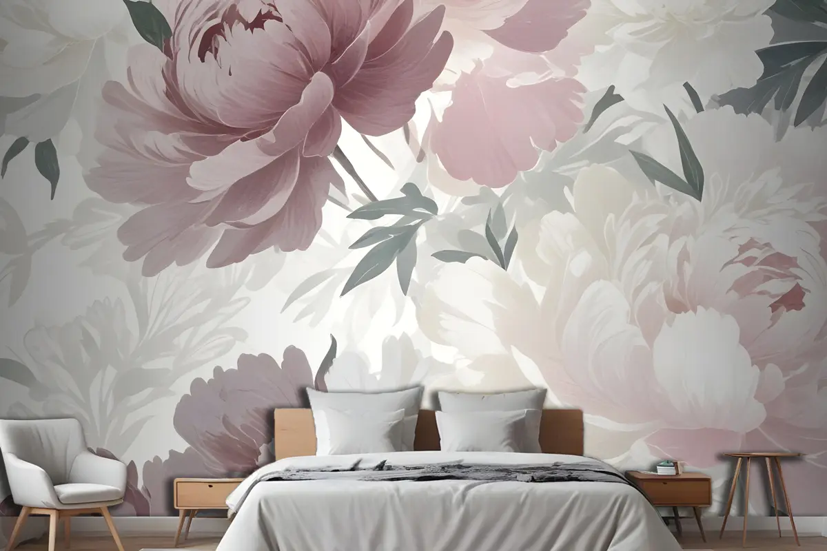 Pembe Ve Beyaz Şakayık Çiçeği Yatak Odası Duvar Kağıdı 