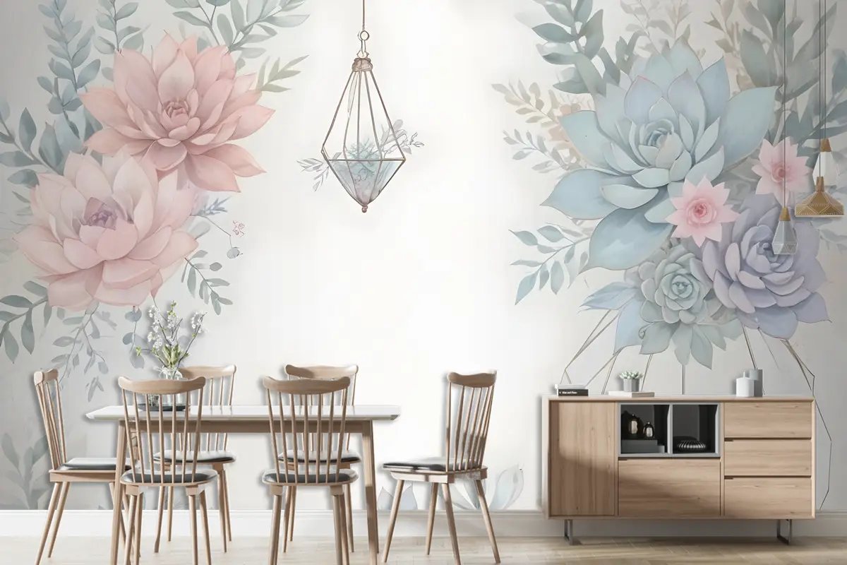 Pembe Mavi Yumuşak Çiçek Duvar Kağıdı 