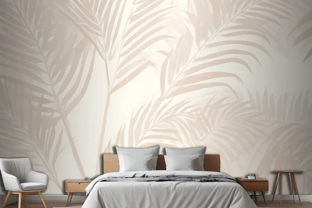 Pembe Palmiye Yaprağı Mürekkep Tropikal Yatak Odası Duvar Kağıdı