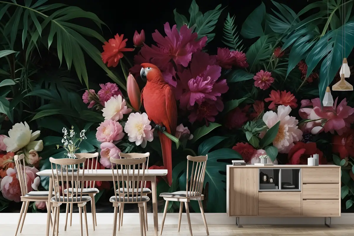 Renkli Çiçekli Kırmızı Papağan Duvar Kağıdı 