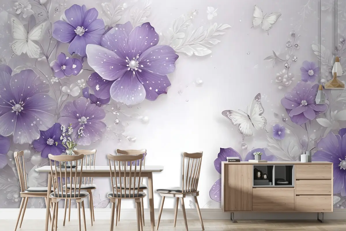 Küçük Kelebekli Mor Swarovski Çiçek Duvar Kağıdı
