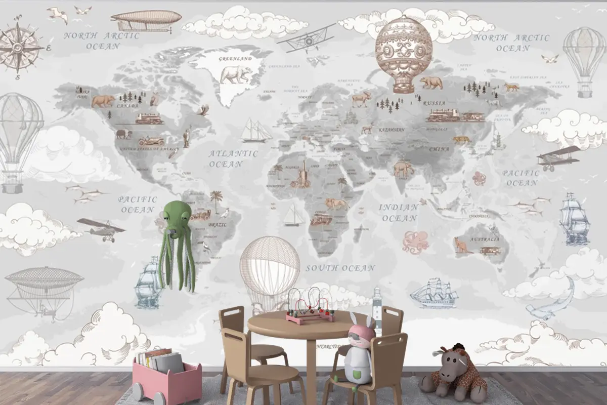 Retro Dünya Haritası Vintage Sıcak Hava Balonları Ve Uçaklar Çocuk Odası Duvar Kağıdı