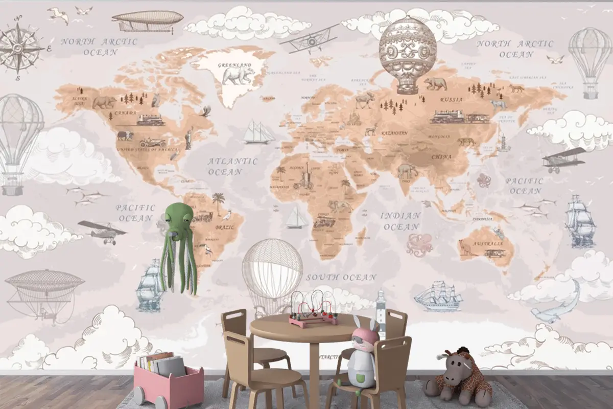 Retro Dünya Haritası Vintage Sıcak Hava Balonları Ve Uçaklar Kahve Çocuk Odası Duvar Kağıdı Retro Dünya Haritası Vintage Sıcak Hava Balonları Ve Uçaklar Kahve Çocuk Odası Duvar Kağıdı