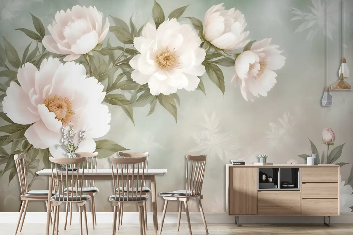 Retro Yağlıboya Beyaz Çiçekler Duvar Kağıdı