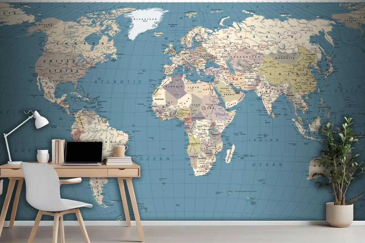 Retro Renkli Dünya Haritası Sınırları Ülkeler Yollar Ve Şehirler Duvar Kağıdı