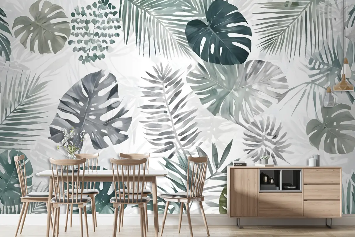 Retro Tropikal Yaprak Desenli Duvar Kağıdı 