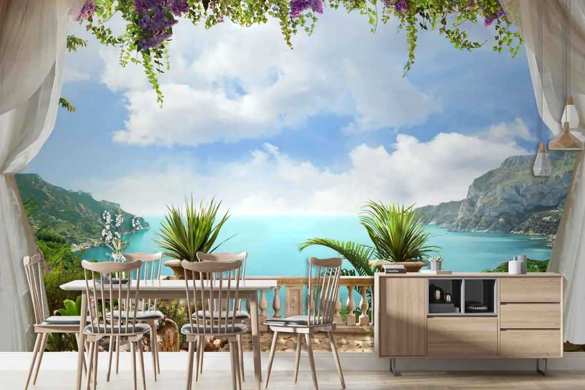 Romantik Perde Detaylı Deniz Manzaralı Duvar Kağıdı