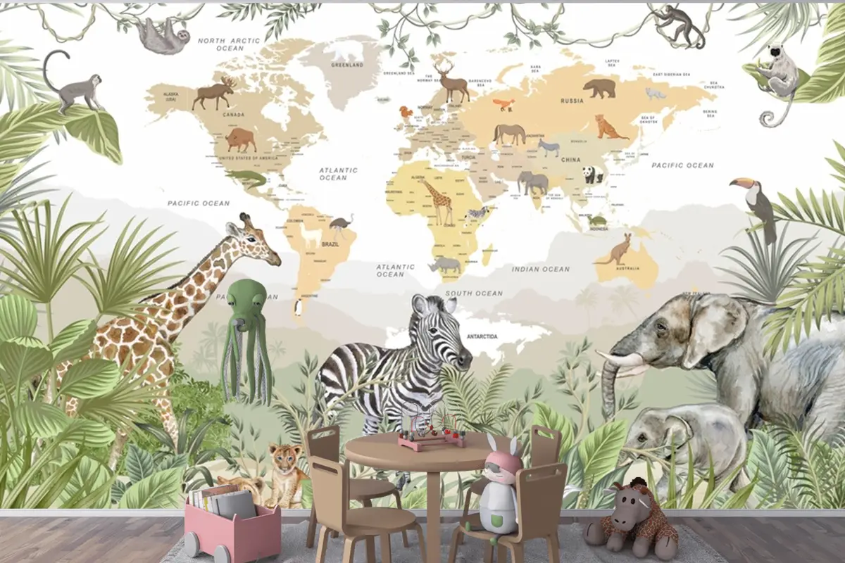 Safari Hayvanları Botanik Yapraklar Dünya Haritası Çocuk Odası Duvar Kağıdı