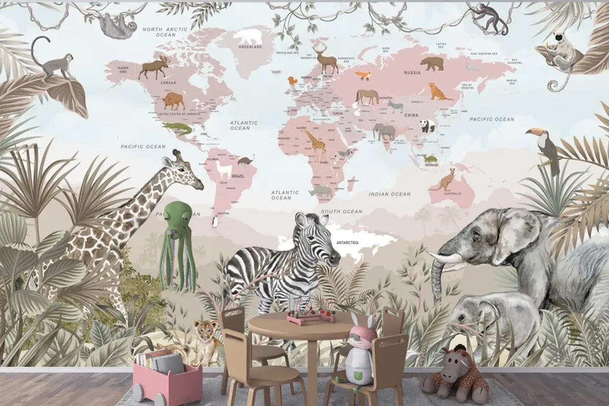 Safari Hayvanları Ve Çocuk Dünya Haritası Duvar Kağıdı