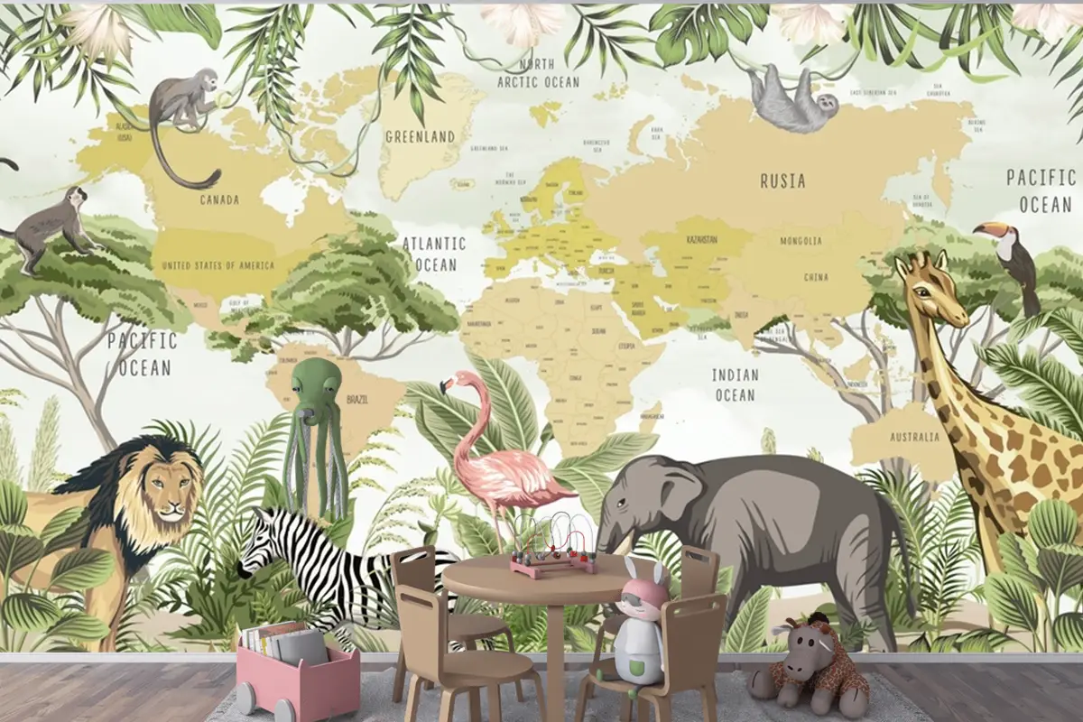 Safari Hayvanları Zürafa Zebra Aslan Flamingo Çocuk Odası Duvar Kağıdı Safari Hayvanları Zürafa Zebra Aslan Flamingo Çocuk Odası Duvar Kağıdı