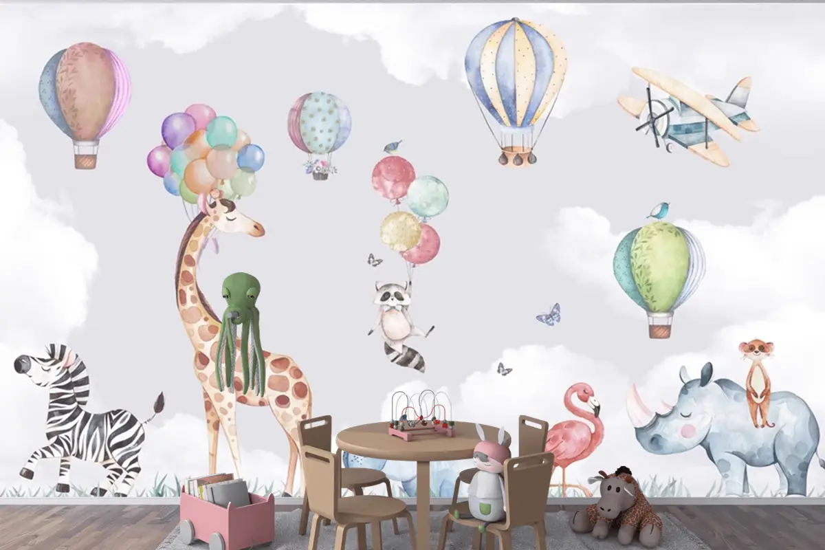 Safari Hayvanları Zürafa Zebra Gergedan Flamingo Çocuk Odası Duvar Kağıdı