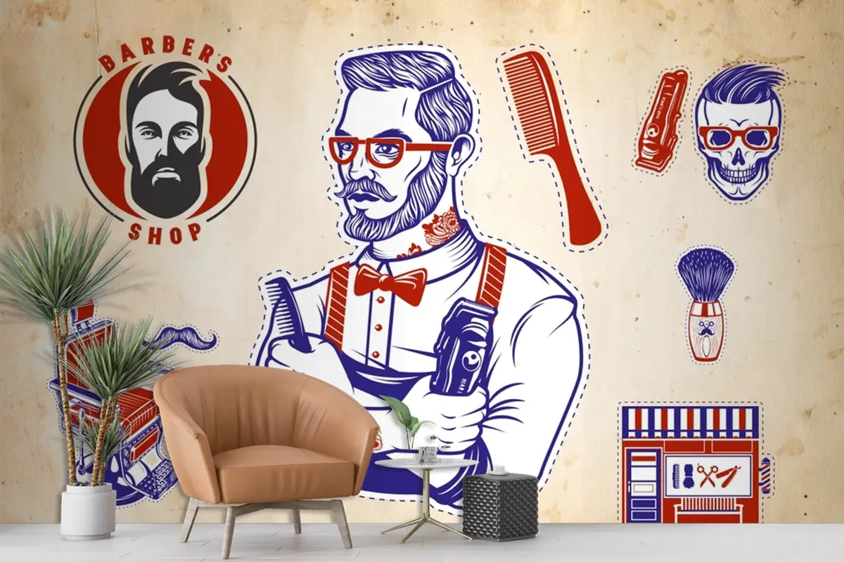 Sarı Arka Plan Mavi Kırmızı Temalı Erkek Kuaför Duvar Kağıdı