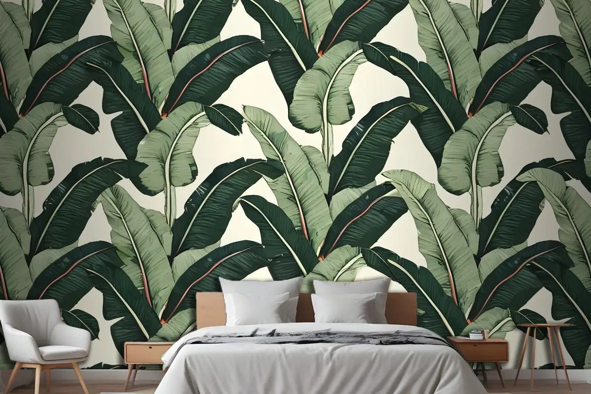 Yemyeşil Tropikal Muz Yatak Odası Duvar Kağıdıyla Kusursuz Desen