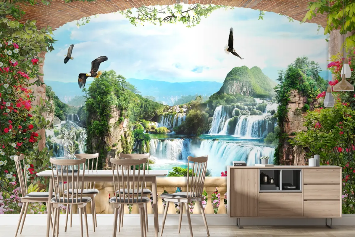 Şelalelerin Eşlik Ettiği Balkon Manzarası Duvar Kağıdı