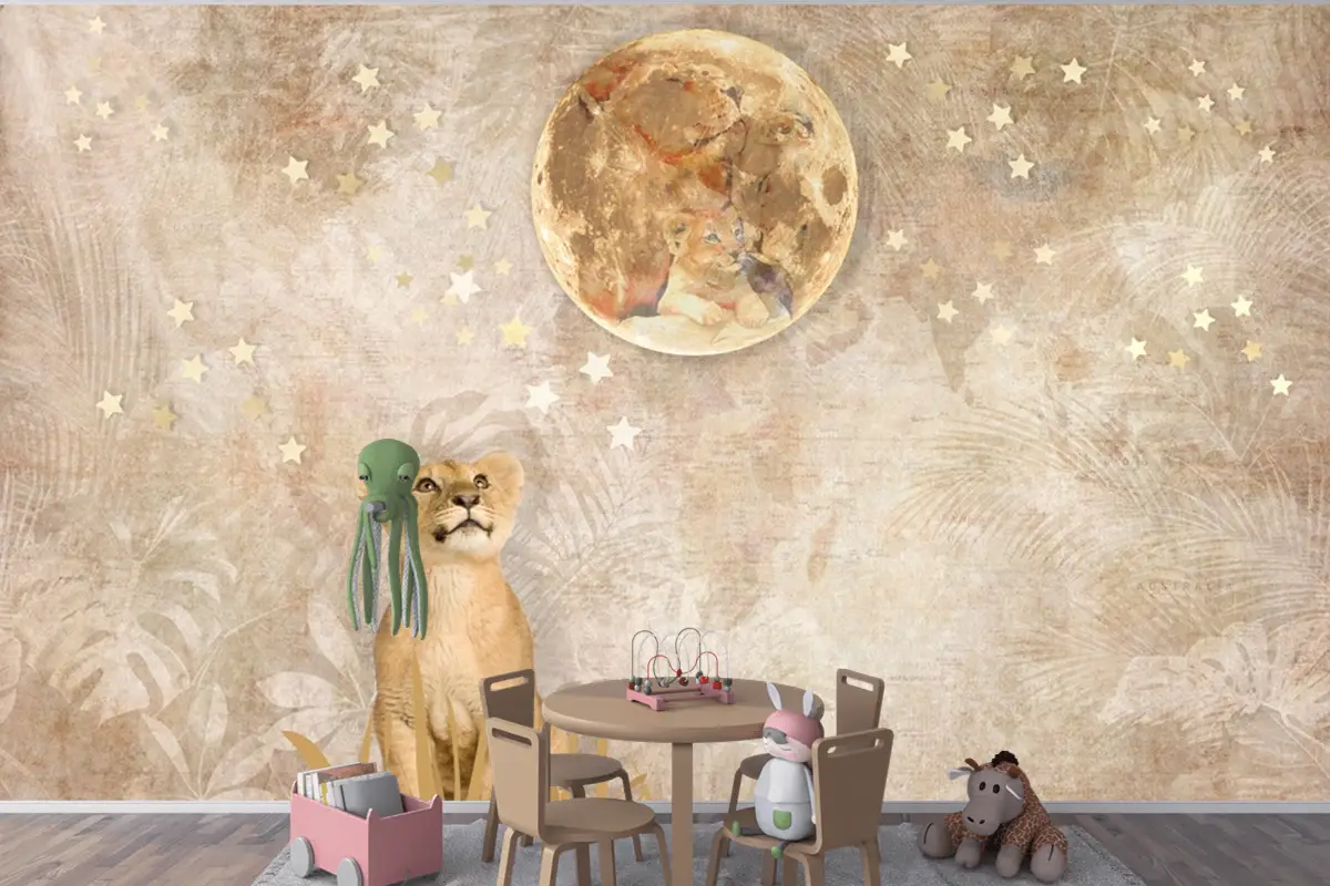 Sevimli Aslan Yavru Hayvan Altın Ay Yıldızlar Bebek Çocuk Odası Duvar Kağıdı Sevimli Aslan Yavru Hayvan Altın Ay Yıldızlar Bebek Çocuk Odası Duvar Kağıdı