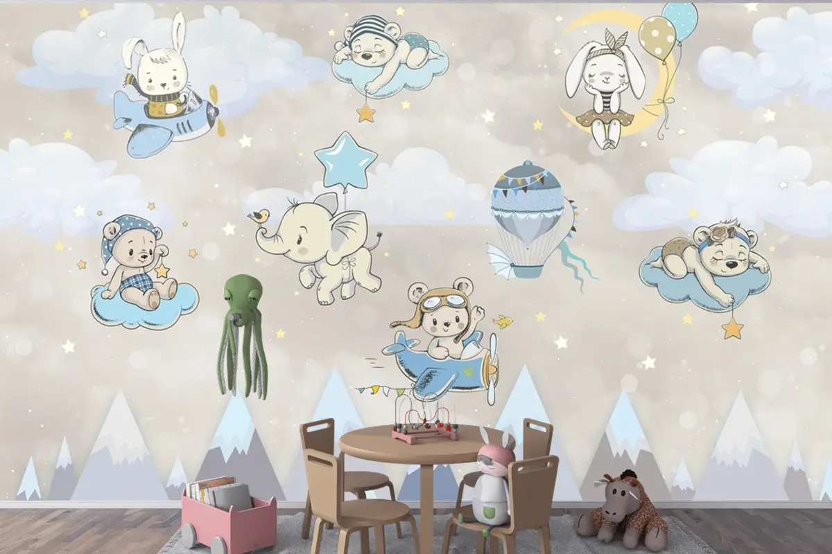 Sevimli Hayvanlar Bulutlar Dağlar Çocuk Bebek Odası Duvar Kağıdı