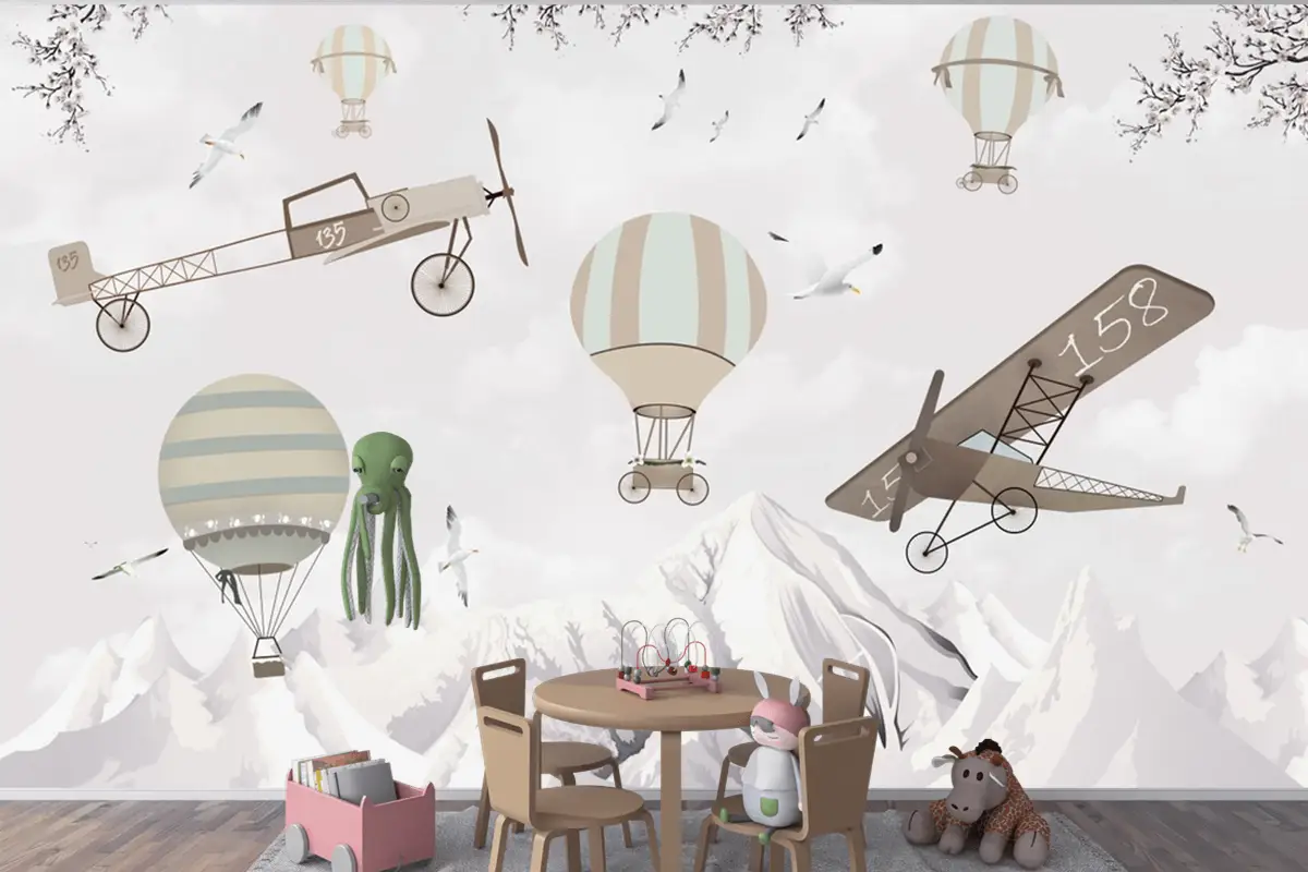 Sıcak Hava Balonları Çizimi Dağlar Manzara Uçaklar Çocuk Duvar Kağıdı Sıcak Hava Balonları Çizimi Dağlar Manzara Uçaklar Çocuk Duvar Kağıdı