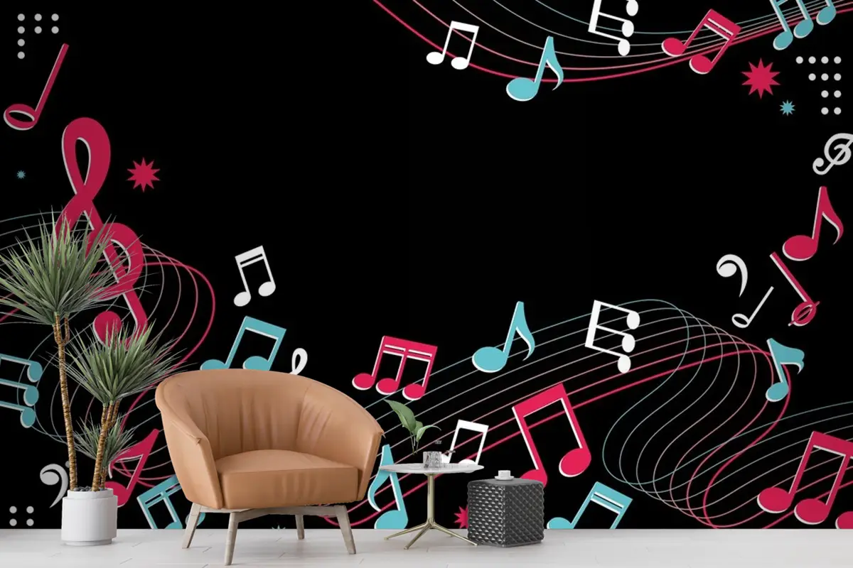 Siyah Arka Plan Mavi Pembe Notalar Müzik Duvar Kağıdı