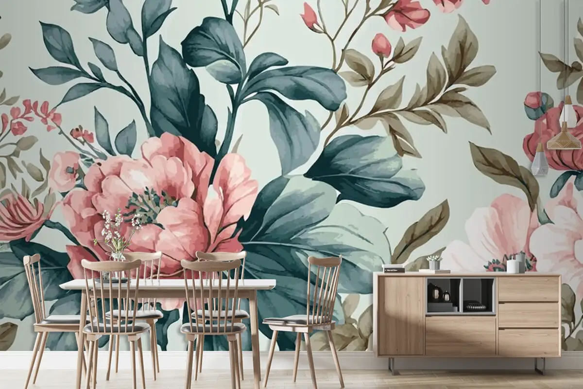 Soyut Çiçek Sanat Şablonu Botanik Suluboya Duvar Kağıdı 