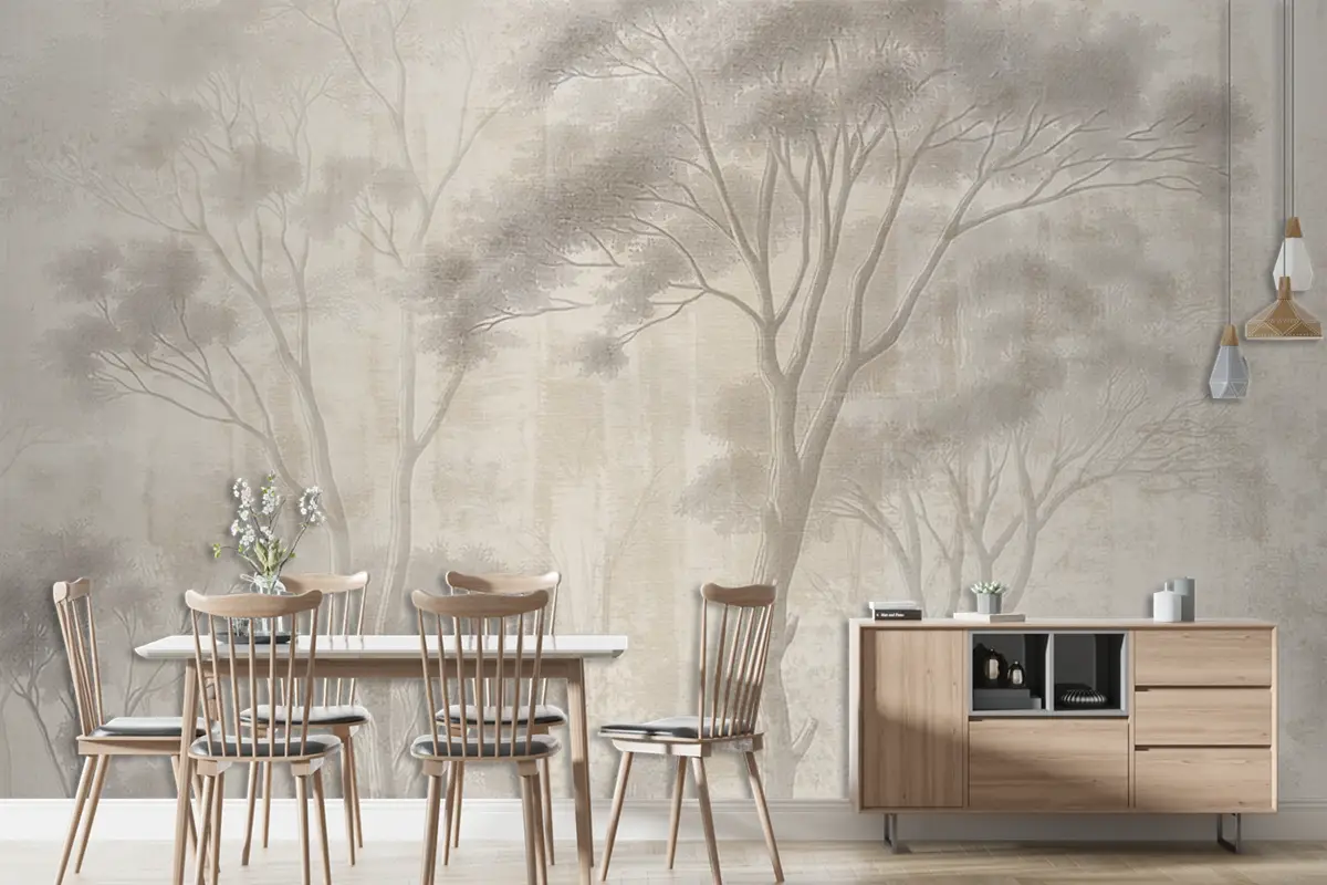 Soyut Elle Çizilmiş Nostaljik Orman Manzarası Sanat Duvar Kağıdı