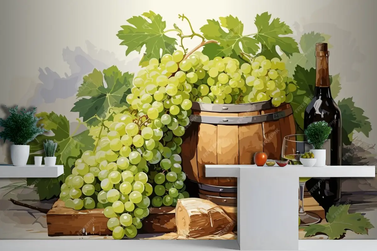 Üzüm Bağlarındaki Masada Bir Şişe Beyaz Şarap, Bir Kadeh Şarap Ve Üzüm Ile Natürmort Mutfak Duvar Kağıdı