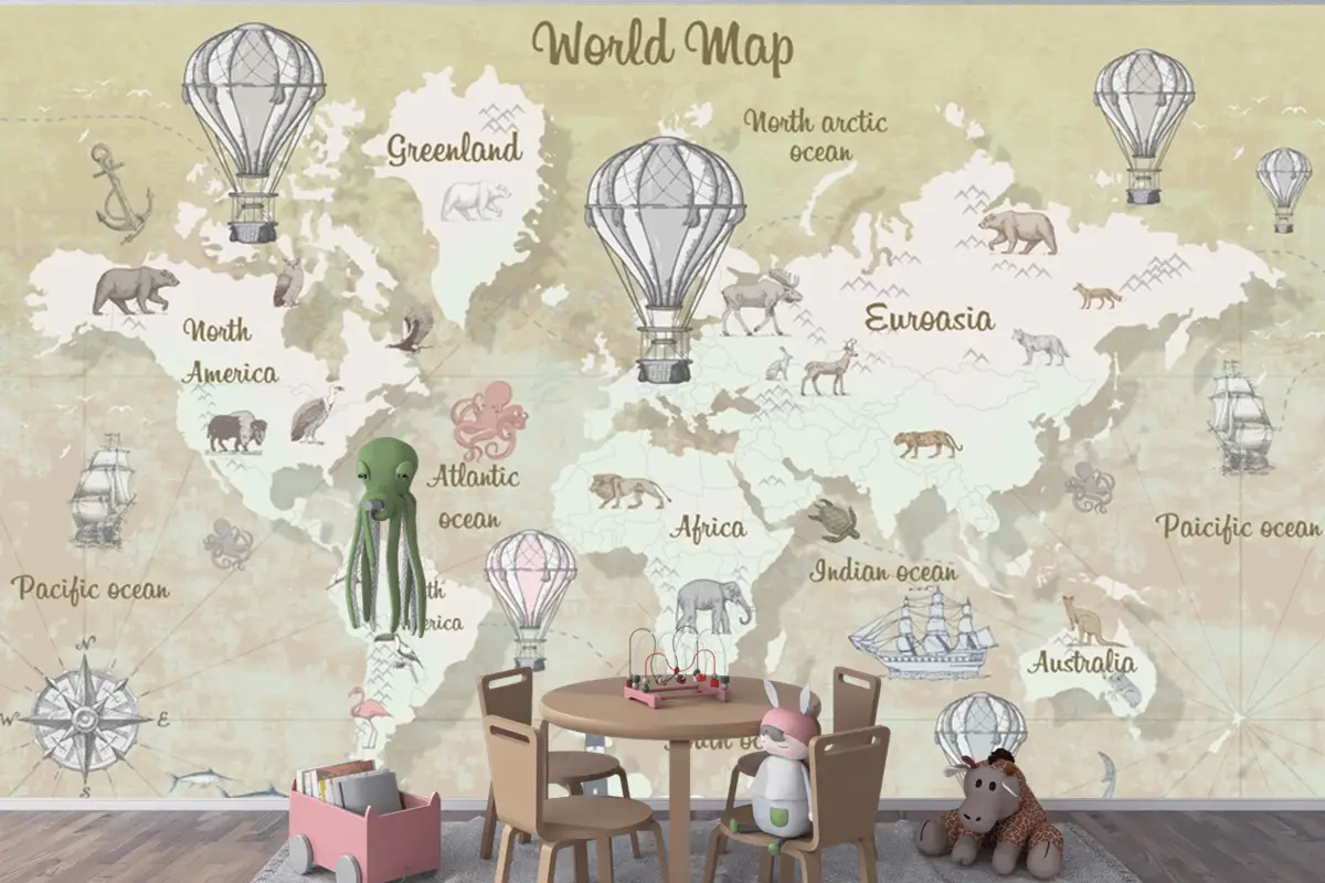 Suluboya Eğitici Dünya Haritası Çocuk Duvar Kağıdı Suluboya Eğitici Dünya Haritası Çocuk Duvar Kağıdı