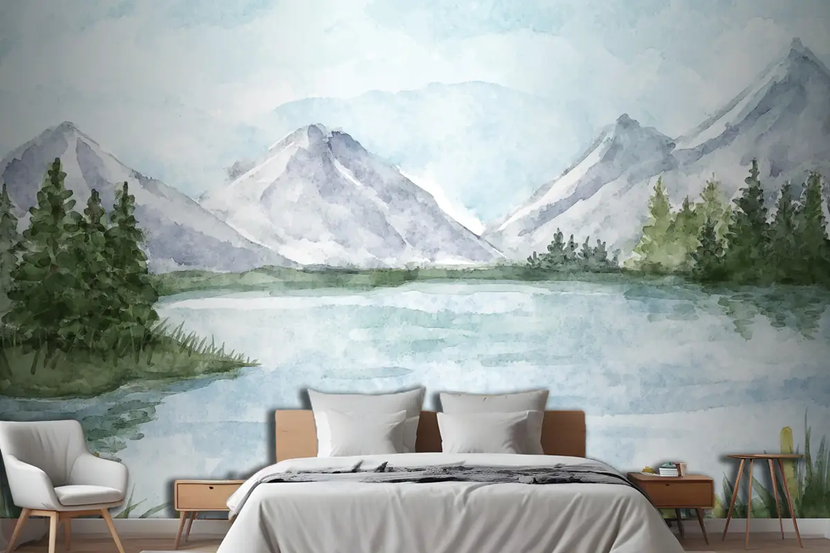 Suluboya Göl Manzarası Yatak Odası Duvar Kağıdı